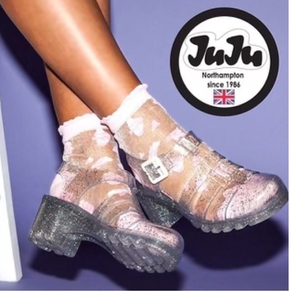 JuJu Shoes - Juju Babe Chunky Jelly Heel Mary Jane Sandals Clear Glitter Buckle SIZE 39